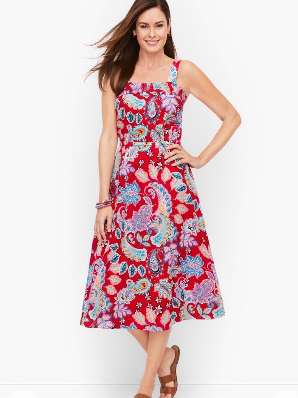 Talbots Dress Size 8 Red Paisley Sleeveless Fit & Flare Midi 100% Cotton Lined